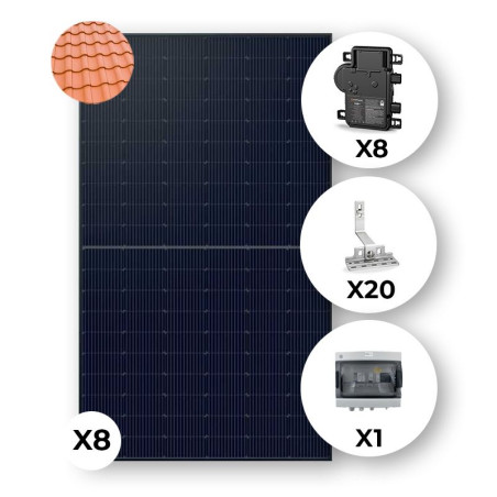 Kit solaire résidentiel 3kWc sur tuiles (8 panneaux 375W & Micro onduleur Enphase))